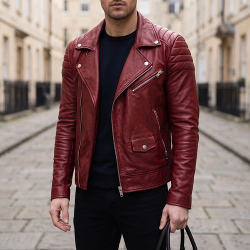 Men's Asymmetric Faux Leather Biker Jacket, Red, three-quarter lifestyle