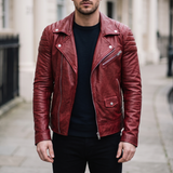 Men's Asymmetric Faux Leather Biker Jacket, Red, front lifestyle