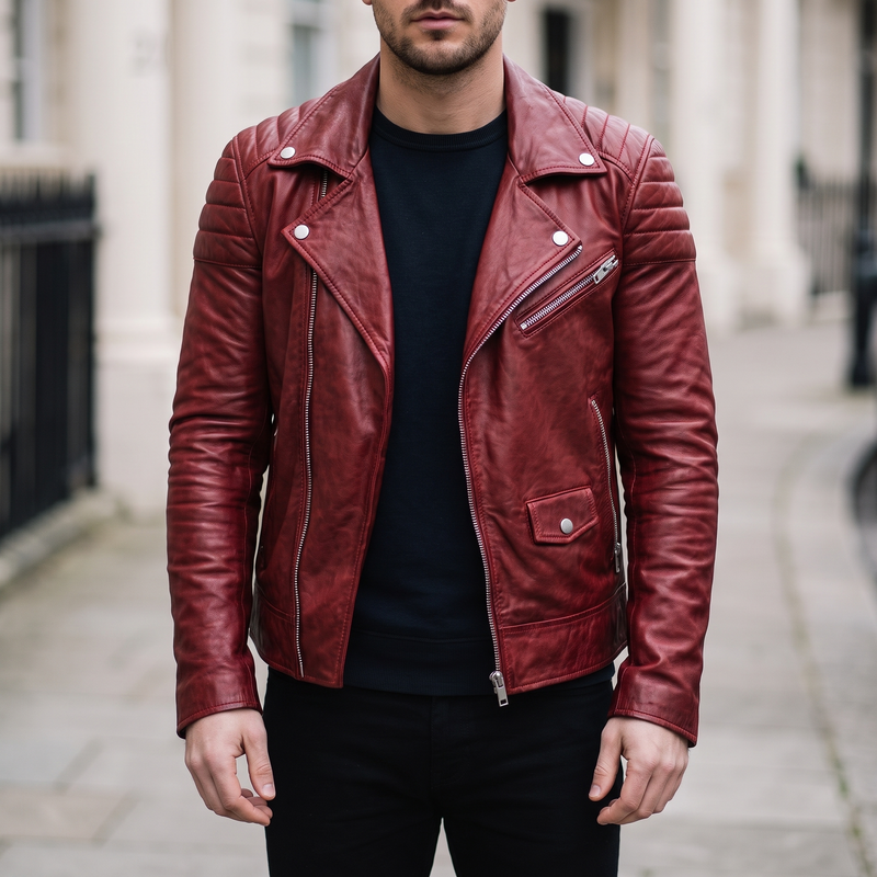 Men's Asymmetric Faux Leather Biker Jacket, Red, front lifestyle