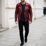 Men's Asymmetric Faux Leather Biker Jacket, Red, full-body lifestyle