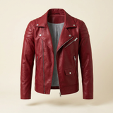 Men's Asymmetric Faux Leather Biker Jacket, Red, isolated front