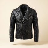 Men's Asymmetric Faux Leather Biker Jacket, Black, isolated front