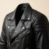 Men's Asymmetric Faux Leather Biker Jacket, Black, lapel detail