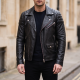 Men's Asymmetric Faux Leather Biker Jacket, Black, front lifestyle