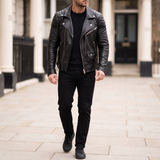 Men's Asymmetric Faux Leather Biker Jacket, Black, full-body lifestyle