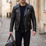 Men's Asymmetric Faux Leather Biker Jacket, Black, three-quarter lifestyle