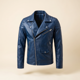 Men's Asymmetric Faux Leather Biker Jacket, Blue, isolated front