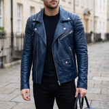 Men's Asymmetric Faux Leather Biker Jacket, Blue, three-quarter lifestyle