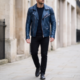 Men's Asymmetric Faux Leather Biker Jacket, Blue, full-body lifestyle