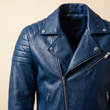 Men's Asymmetric Faux Leather Biker Jacket, Blue, lapel detail