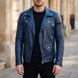 Men's Asymmetric Faux Leather Biker Jacket, Blue, front lifestyle