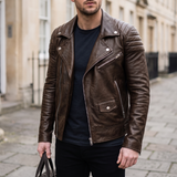 Men's Asymmetric Faux Leather Biker Jacket, Coffee Brown, three-quarter lifestyle