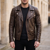 Men's Asymmetric Faux Leather Biker Jacket, Coffee Brown, front lifestyle
