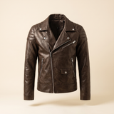 Men's Asymmetric Faux Leather Biker Jacket, Coffee Brown, isolated front