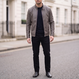 Men's Slim Faux Leather Racer Jacket, Taupe, full-body lifestyle