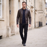 Men's Slim Faux Leather Racer Jacket, Dark Brown, full-body lifestyle