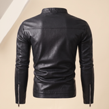 Men's Slim Faux Leather Racer Jacket, Black, isolated rear