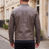 Men's Slim Faux Leather Racer Jacket, Taupe, rear on model