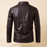 Men's Slim Faux Leather Racer Jacket, Dark Brown, isolated rear