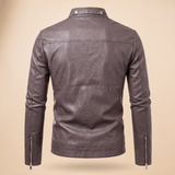 Men's Slim Faux Leather Racer Jacket, Taupe, isolated rear