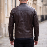 Men's Slim Faux Leather Racer Jacket, Dark Brown, rear on model