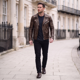 Men's Asymmetric Faux Leather Biker Jacket, Coffee Brown, full-body lifestyle