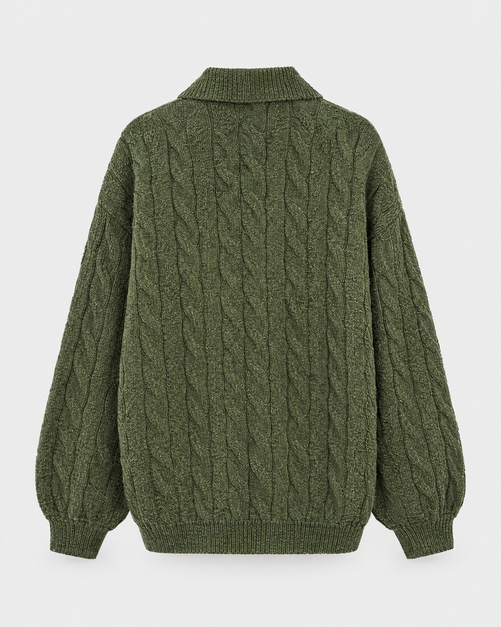 Green — womens cable knit quarter zip sweater — studio back [WB 7]