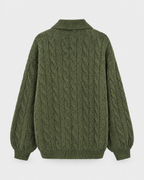 Green — womens cable knit quarter zip sweater — studio back [WB 7]