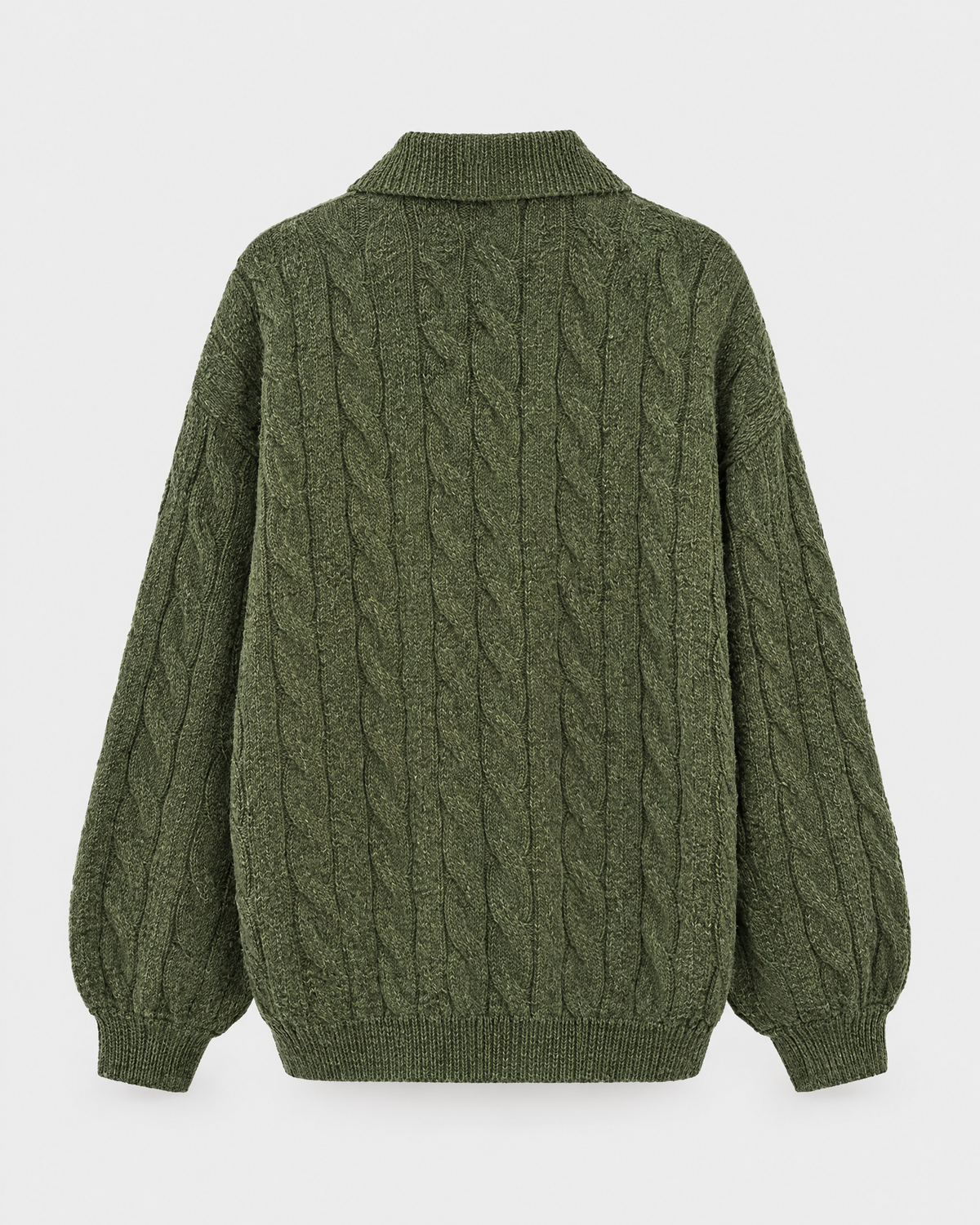 Green — womens cable knit quarter zip sweater — studio back [WB 7]