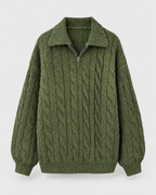 Green — womens cable knit quarter zip sweater — studio view [WB 6]