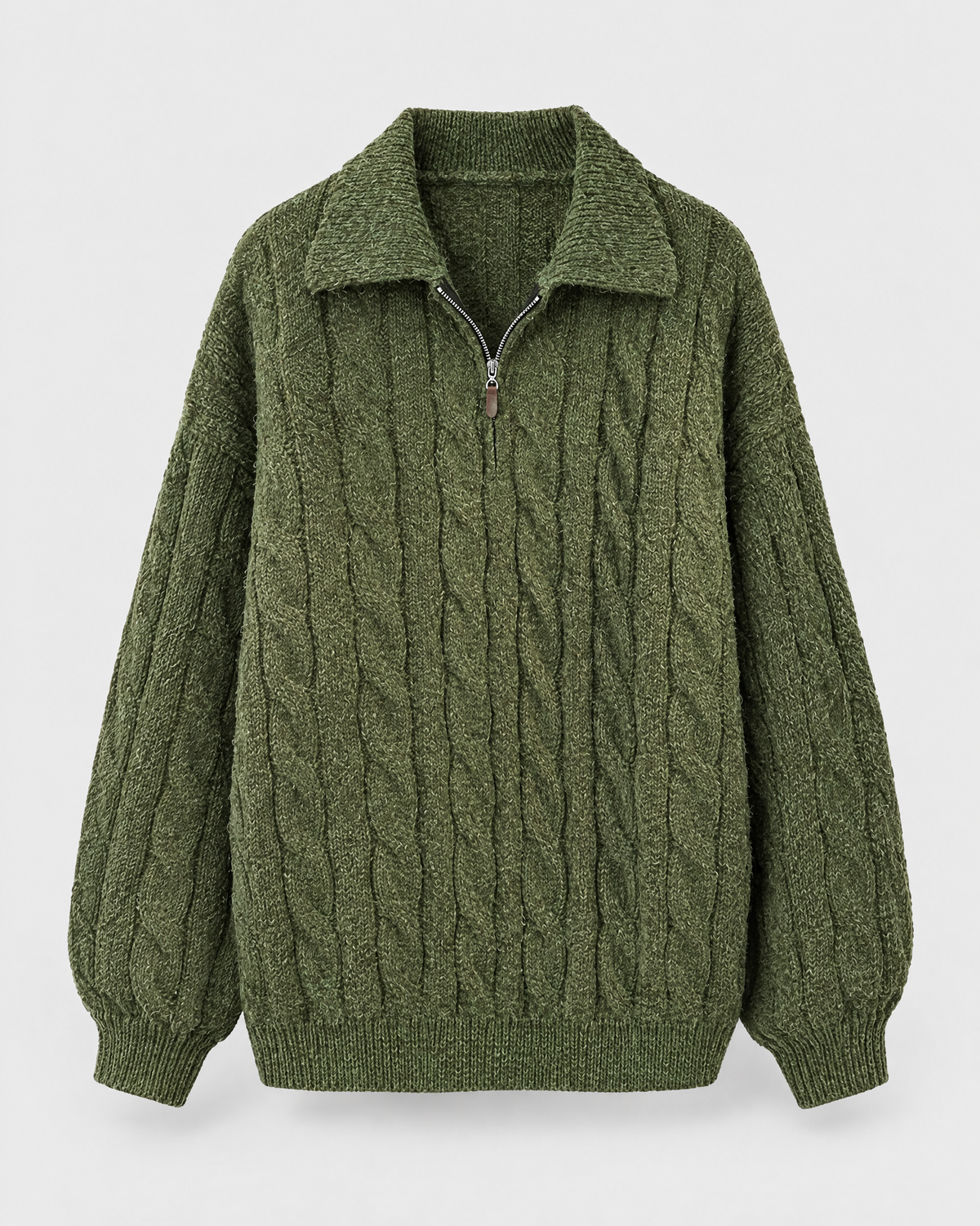 Green — womens cable knit quarter zip sweater — studio view [WB 6]