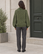 Green — womens cable knit quarter zip sweater — back view [WB 3]