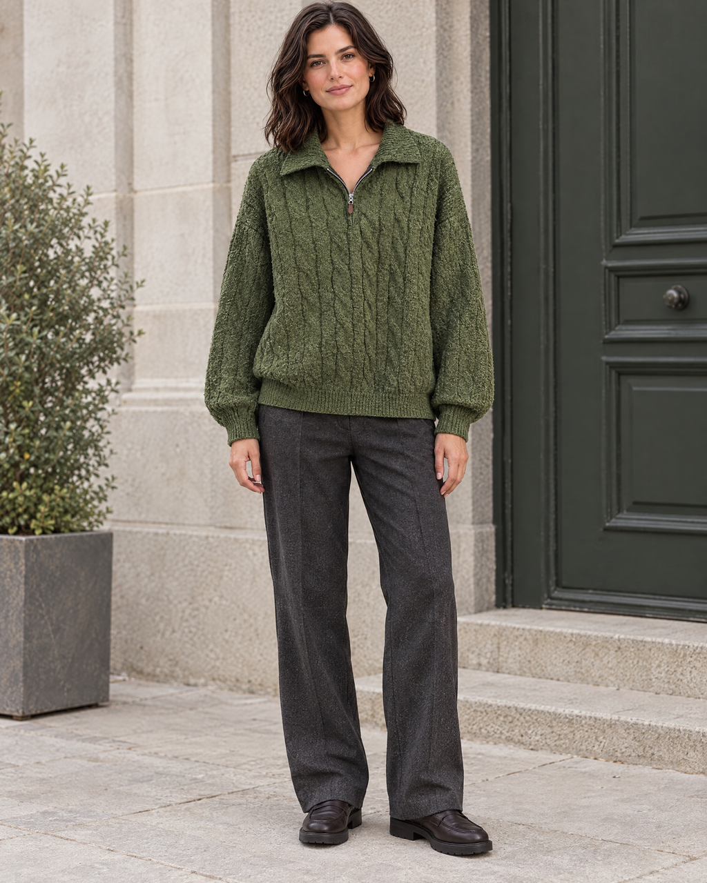 Green — womens cable knit quarter zip sweater — front view [WB 2]