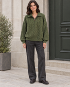 Green — womens cable knit quarter zip sweater — front view [WB 2]