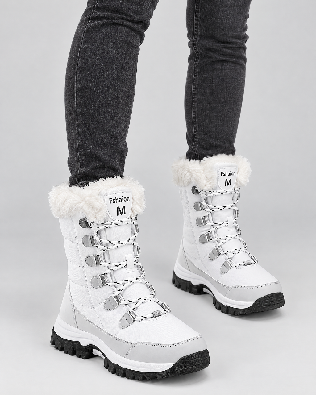 9018 white — womens fleece lined lace up winter boots — studio view [WB 13]