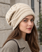 Apricot — cashmere slouchy beanie — studio view [WB 20]