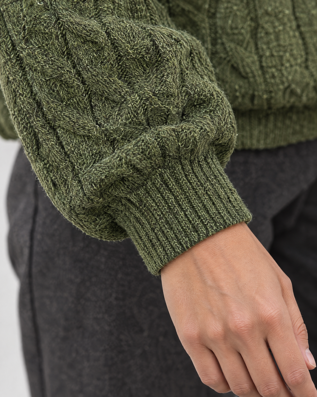 Green — womens cable knit quarter zip sweater — detail [WB 5]