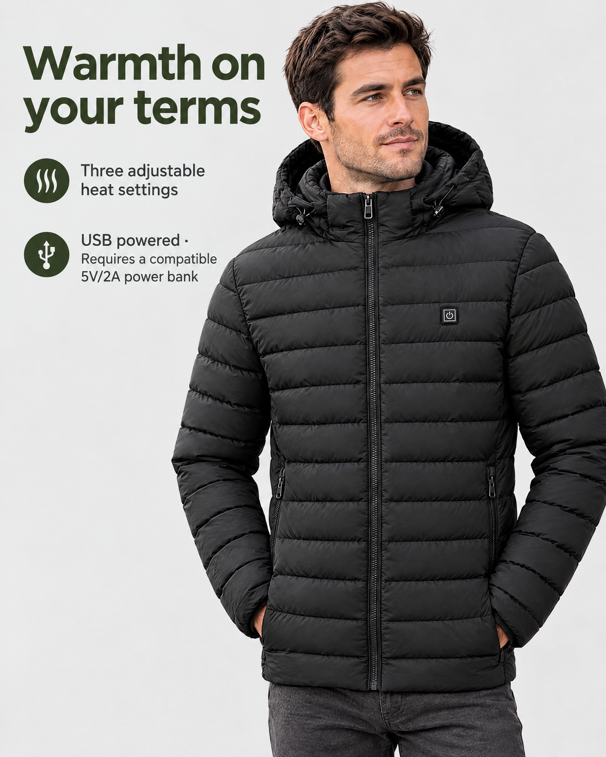 11 Heated Black — mens usb heated jacket — power guide [WB 35]
