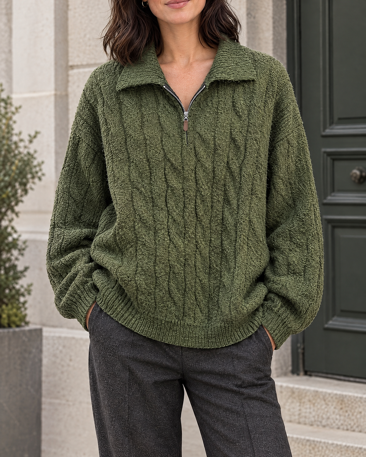 Green — womens cable knit quarter zip sweater — hero [WB 1]