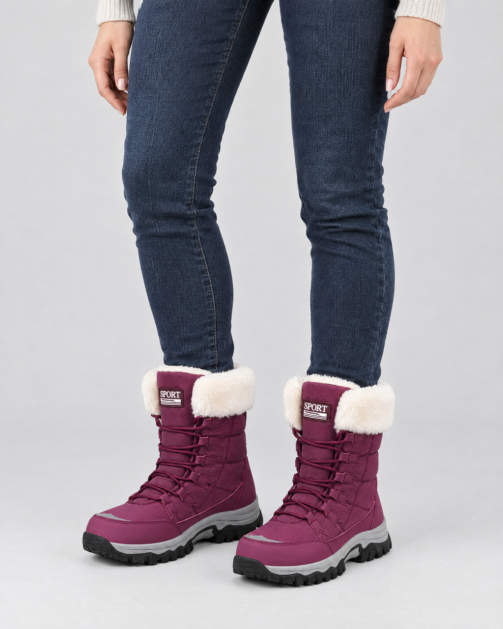 Women's Fleece-Lined Lace-Up Winter Boots — 9018 purple — worn studio [WB gallery 2/6]