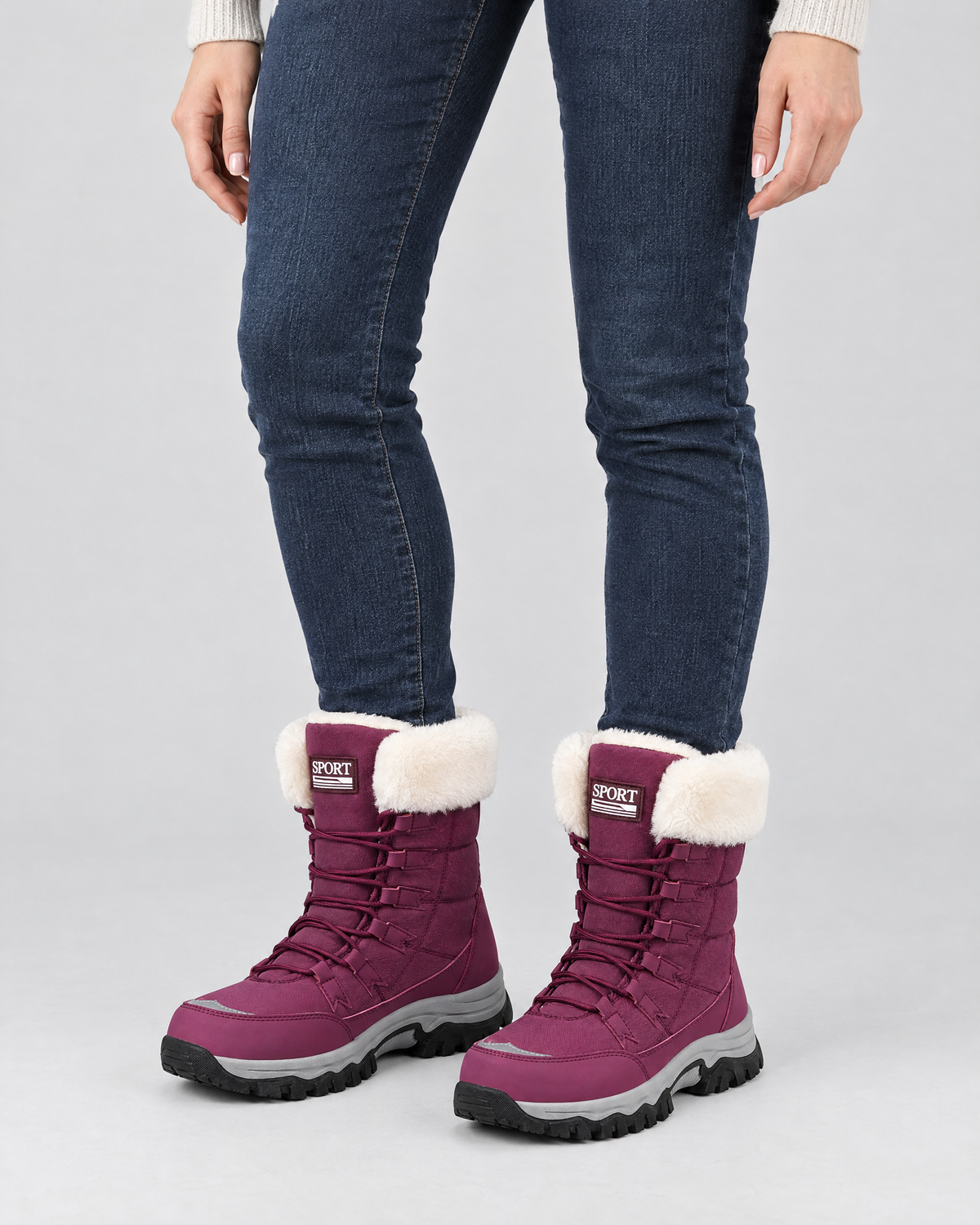 Women's Fleece-Lined Lace-Up Winter Boots — 9018 purple — worn studio [WB gallery 2/6]