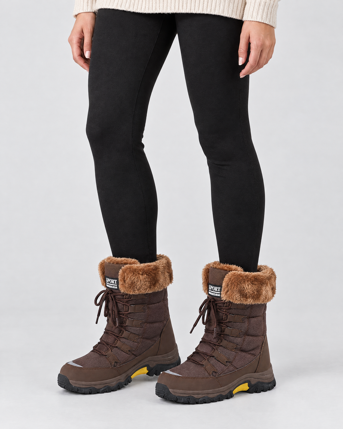 Women's Fleece-Lined Lace-Up Winter Boots — 9018 brown — worn studio [WB gallery 3/6]