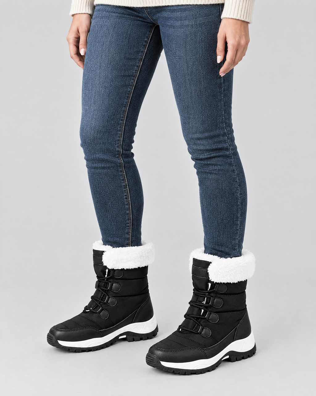 Women's Fleece-Lined Lace-Up Winter Boots — S915 black — worn studio [WB gallery 5/6]