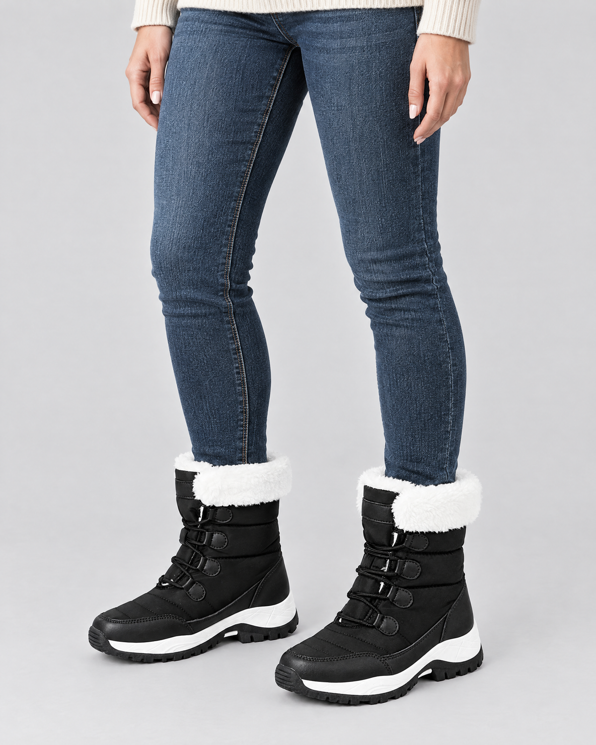 Women's Fleece-Lined Lace-Up Winter Boots — S915 black — worn studio [WB gallery 5/6]