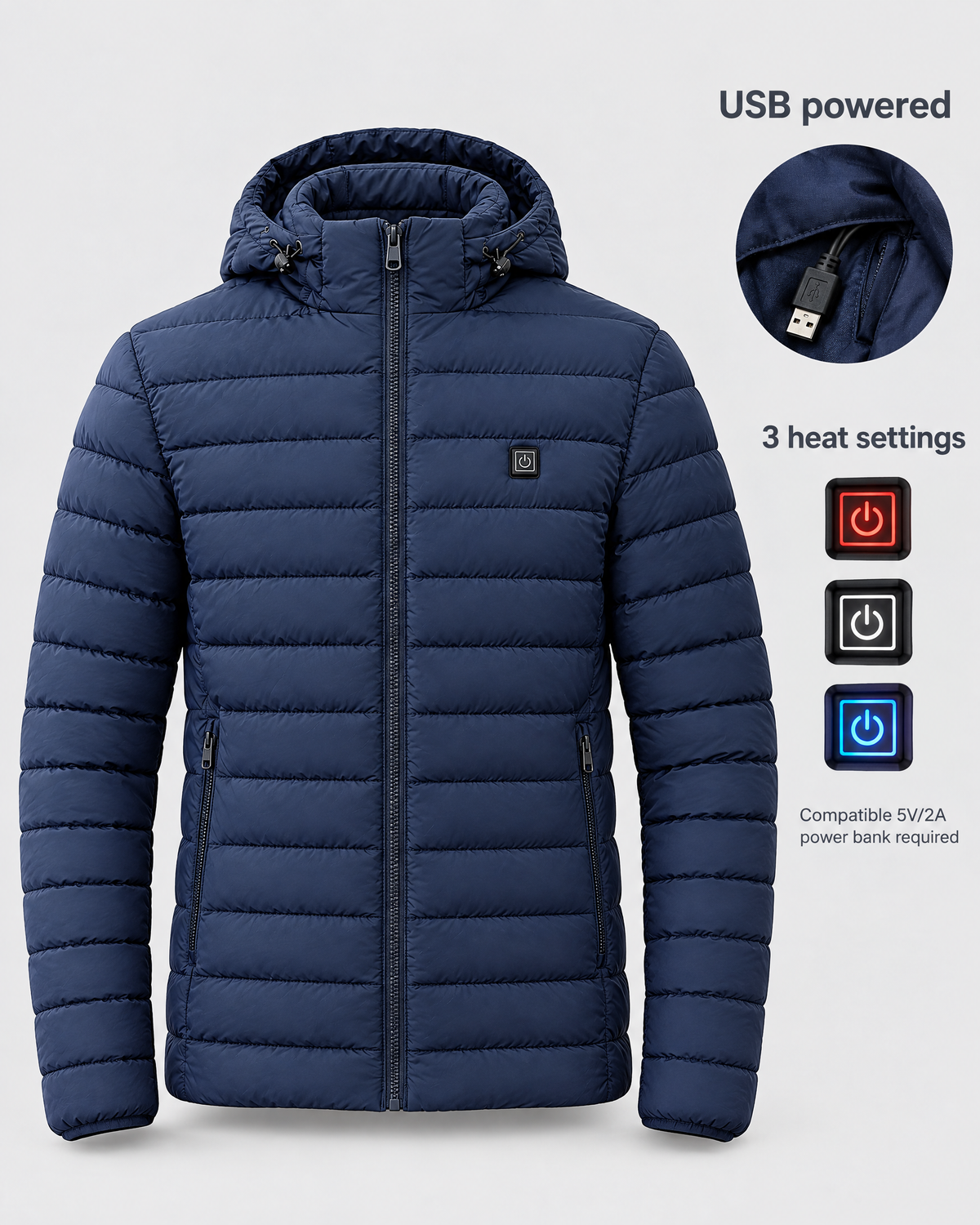 Men's USB Heated Jacket — 11 Heated Blue — power guide [WB gallery 7/9]