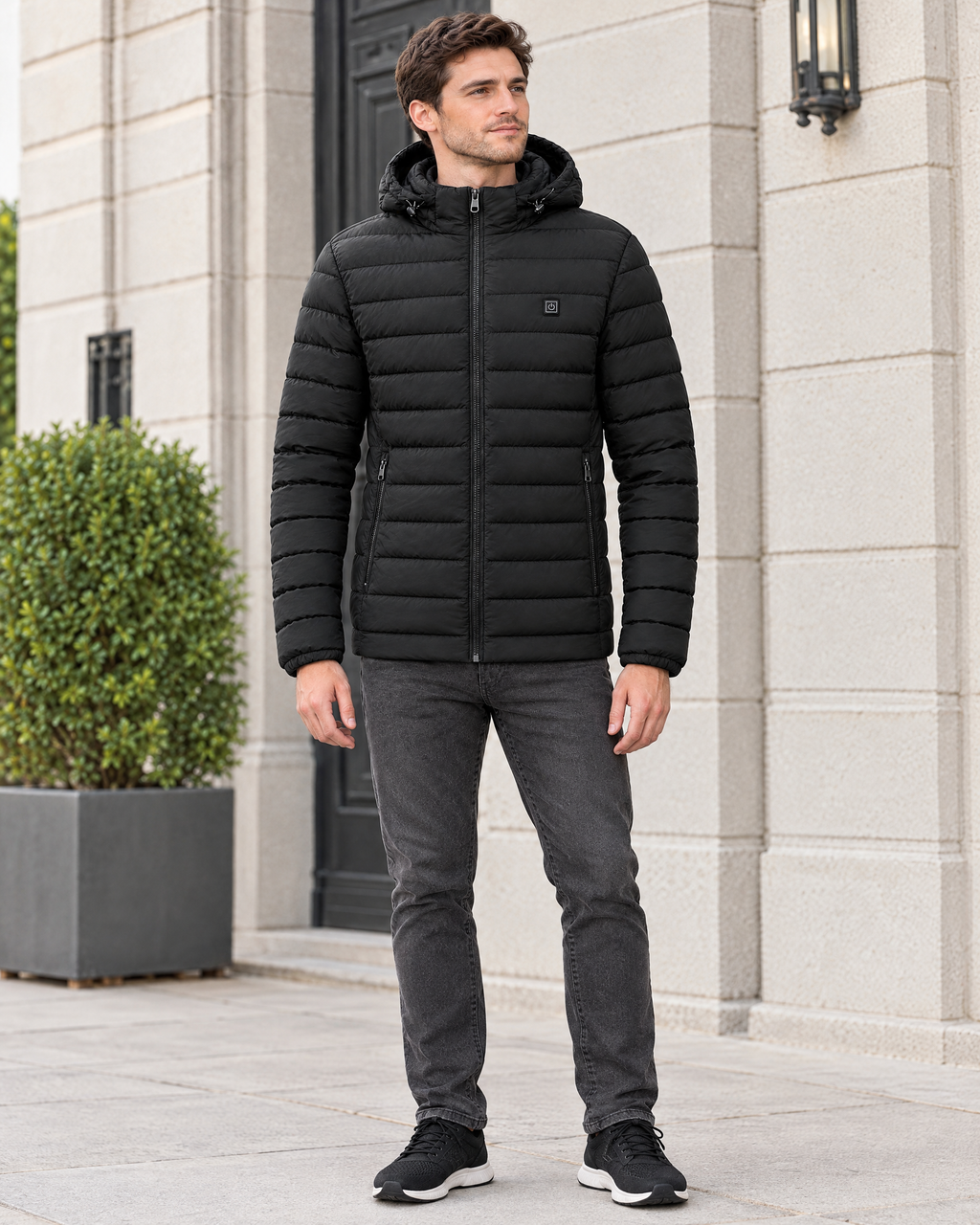 Men's USB Heated Jacket — 2 Areas Heated Black — full front [WB gallery 9/2]