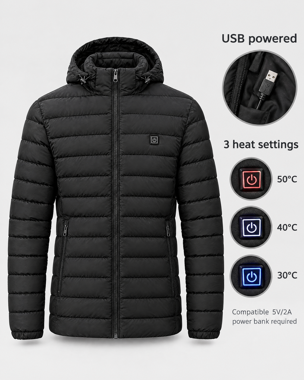 Men's USB Heated Jacket — 2 Areas Heated Black — power guide [WB gallery 9/9]