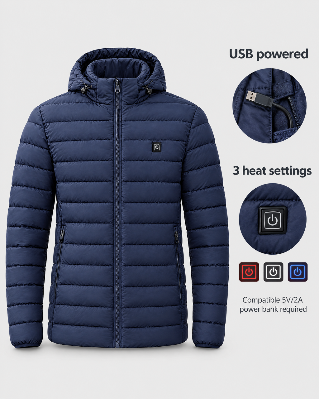 Men's USB Heated Jacket — 2 Areas Heated Blue — power guide [WB gallery 10/9]