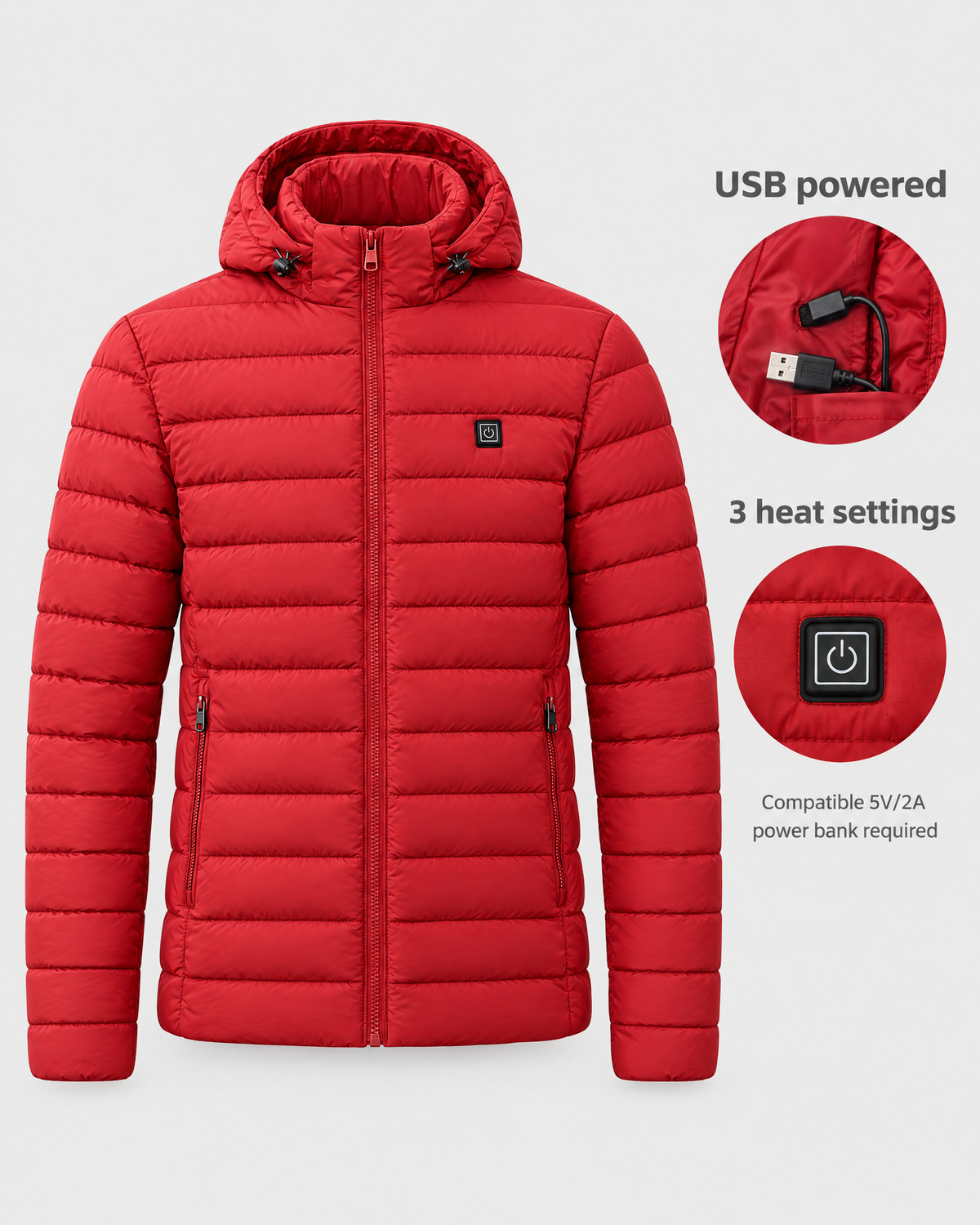 Men's USB Heated Jacket — 2 Areas Heated Red — power guide [WB gallery 11/9]