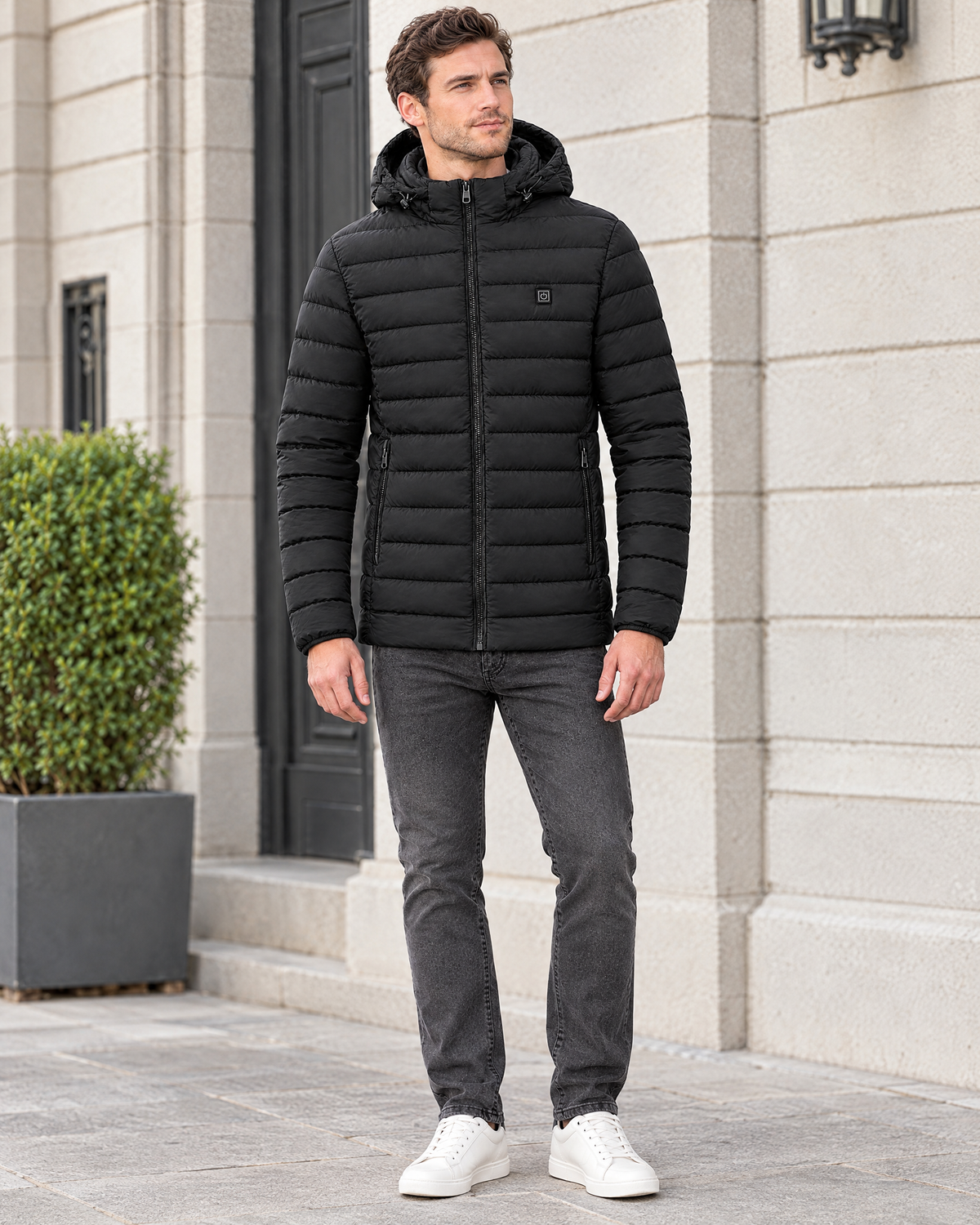 Men's USB Heated Jacket — 8 Areas Heated Black — full front [WB gallery 12/2]
